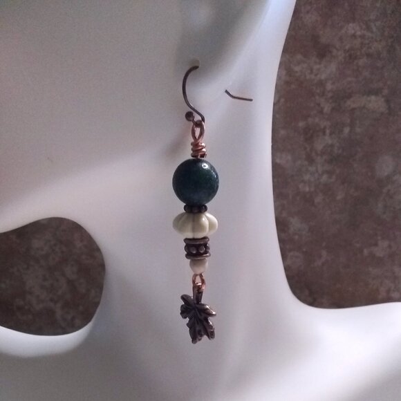 Copper Maple Leaf + Stone Beads Dangle Earrings | Fall Countrycore Cabincore - Picture 6 of 10